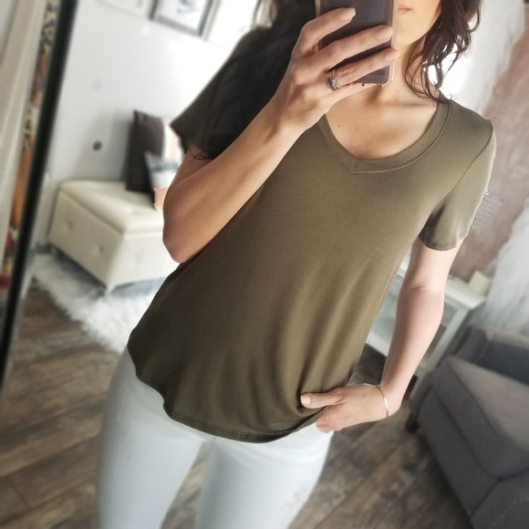 S🅾️LD OUT Ava Basic V-Neck Tee Olive Modal Top - Picture 2 of 6